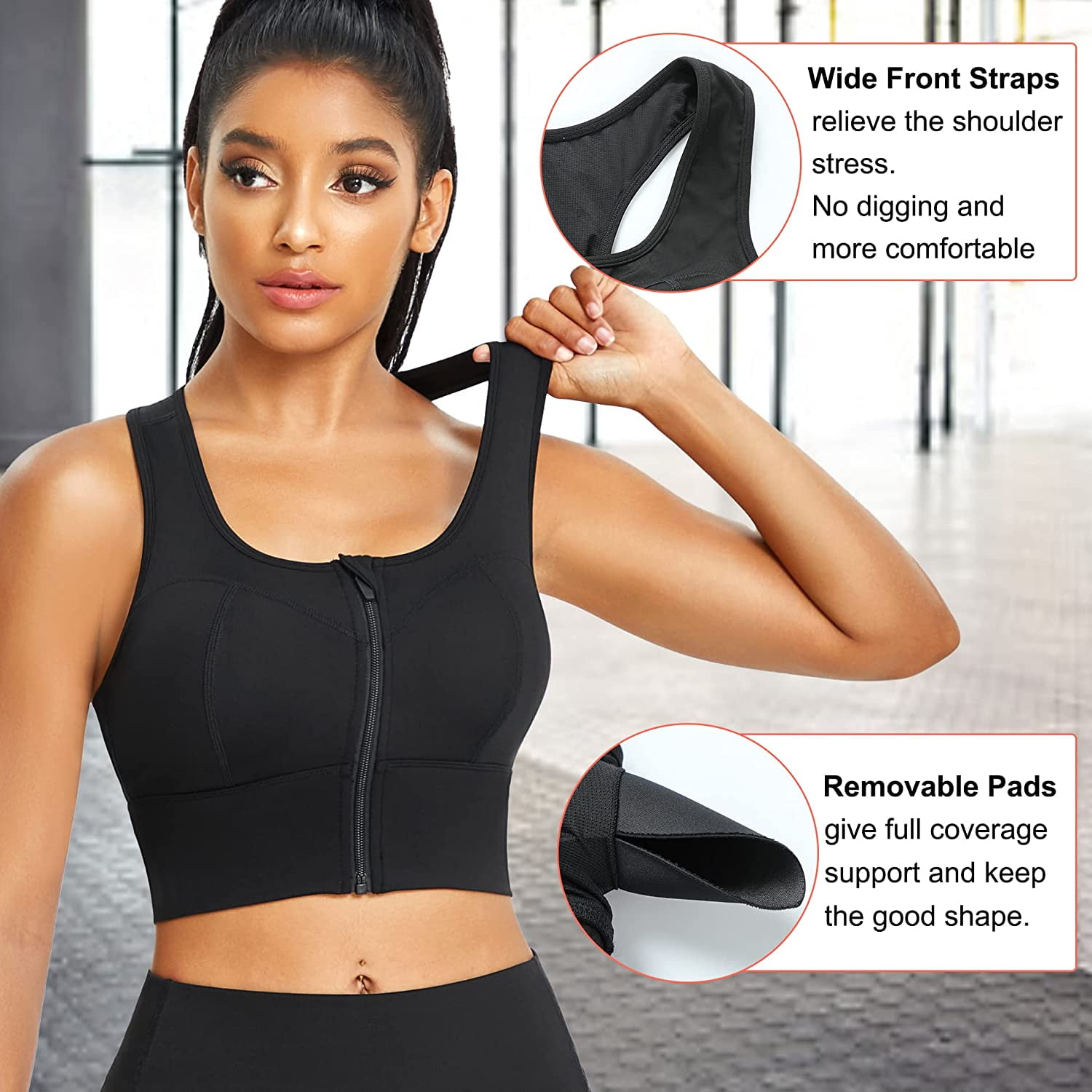 Gotoly Racerback Sports Bra Longline Yoga Bra for Womens Zip Front Crop Top  Padded Tank Tops Workout Shirt(Black X-Large) 