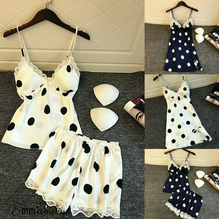 

Sexy Women s Sleepwear Satin Lace Dot Print Deep V Pajamas Set Femme Sleeveless Lingerie Nightgown Babydolls