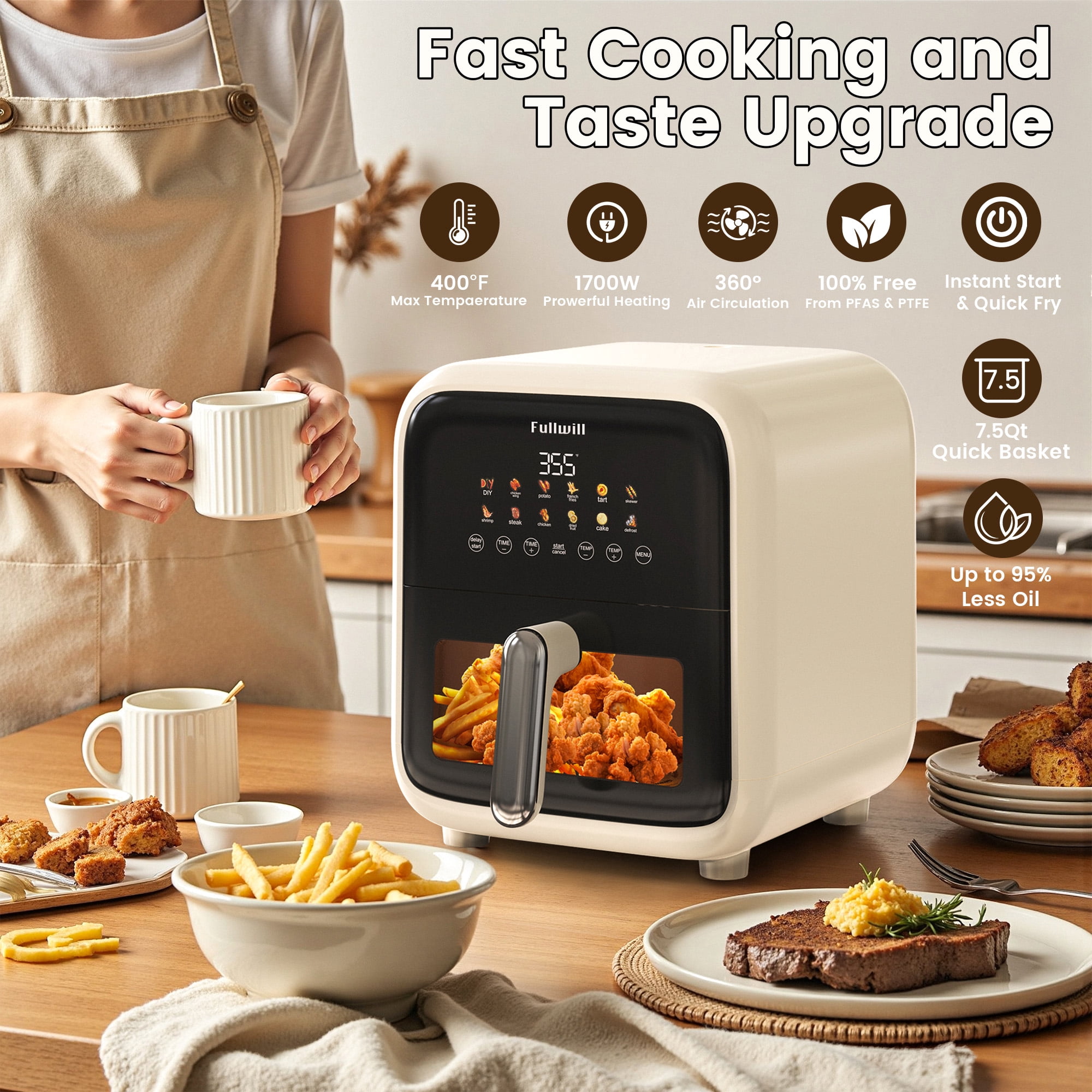 Fullwill Air Fryer with Visible Window, 7.5QT,12-in-1 Multi-Function Air Fry,Roast,Bake, Dehydrate, Fries,Nonstick and Dishwasher-Safe Basket,Family&friends Party,1700W,Creamy White