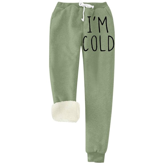 IROINNID Sales Sweatpants for Women Thermal Solid Color Fleece Pockets Plus-Size Bandage Elastic Waist Casual Pants Leggings,Olive Green