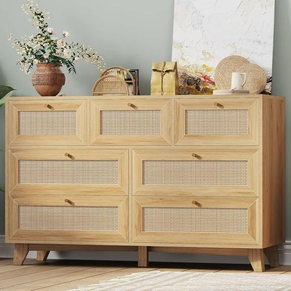 Rattan Dresser for Bedroom with 7 Drawer Wooden Wide  Chest of Drawers with Metal Handle Wood