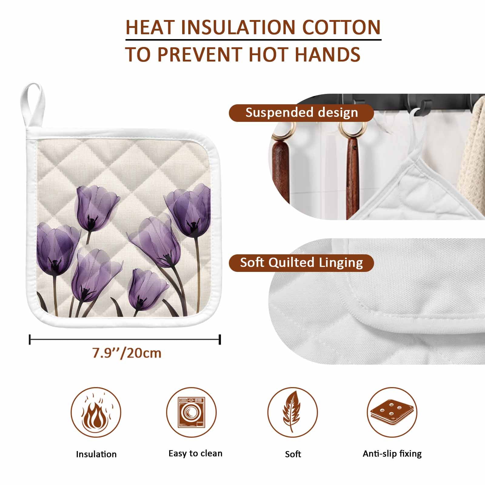 Purple Tulip Flower Pot Holders for Kitchen Heatproof Potholder, 2 Pack Aesthetics Farmhouse Floral Plant Hot Pads Multipurpose Oven Pads Cloth Potholders Trivet for Cooking and Baking