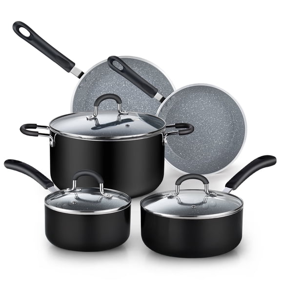 Cook N Home Professional Induction Compatible Marble Nonstick Cookware Set, Pots and Pans Set Includes Saucepans with Lid, Stockpot with Lid, Frying Pans, Heavy Nonstick, 8-Piece, Black / marble