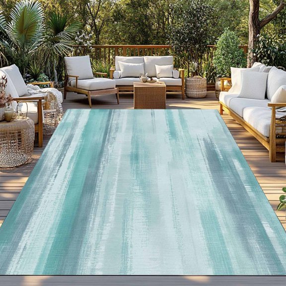 Outdoor Rug, Abstract Teal White Ocean Waves Indoor Area Rug Outdoor Carpet RV Camping Rugs 3x5ft Modern Minimalist Art Outside Mat for Patio Picnic Porch Deck Balcony Backyard