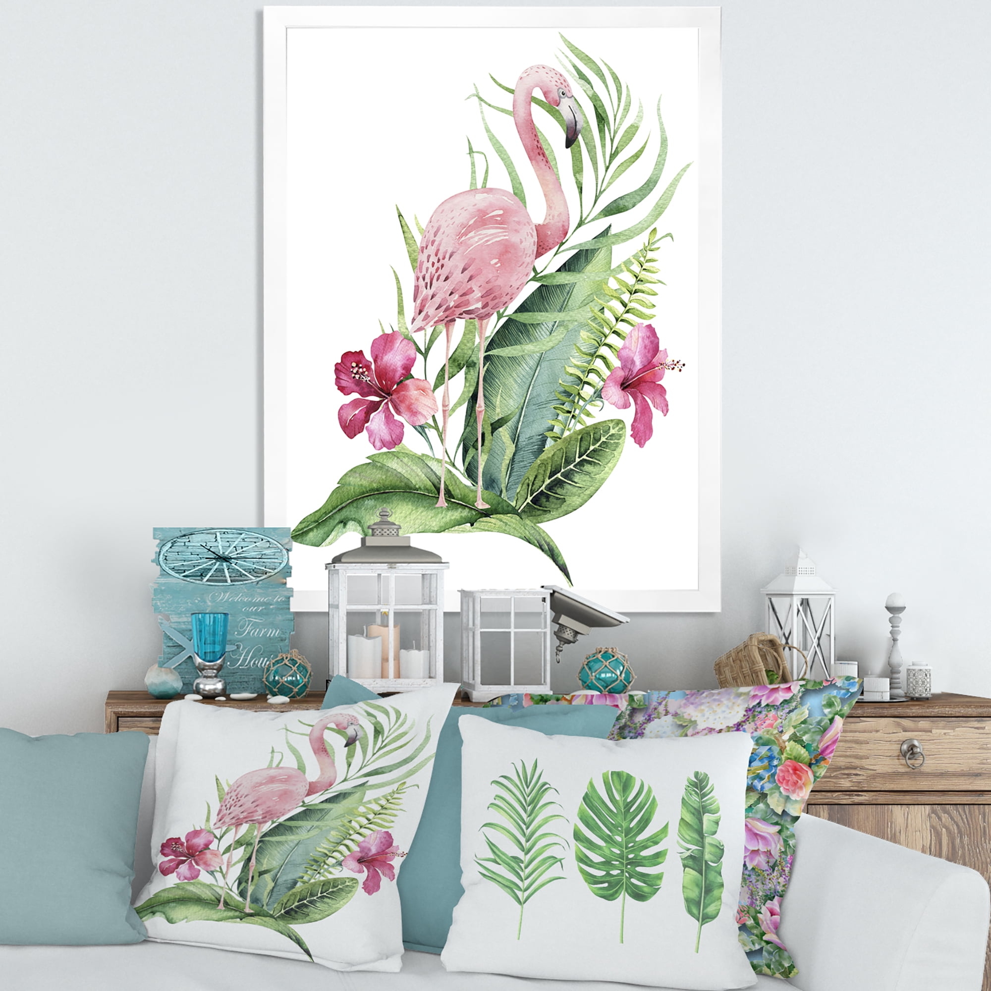 Designart 'Flamingo With Pink Flowers and Exotic Foliage' Traditional Framed Art Print