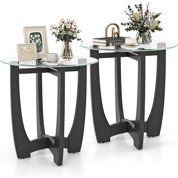 Glass End Tables Set of 2, Round Side Tables with Rubber Wood Frame & Tempered Glass Top, 23.5" Small Black Coffee Table, Modern Glass Nightstand for Living Room Balcony Bedroom, Easy Assembly