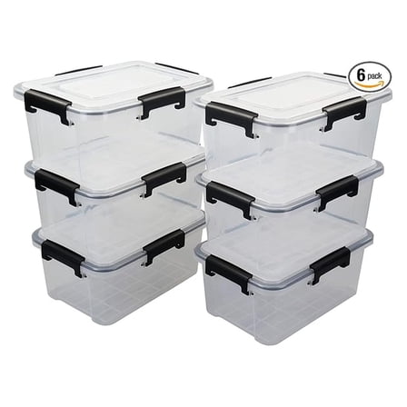 Clear Plastic Storage Boxes with Lids - 6 Pack, 10L Airtight Containers for Organization - Home, Kitchen, Pet Food, Closet, Garage - 14.57" x 10" x 6.5"