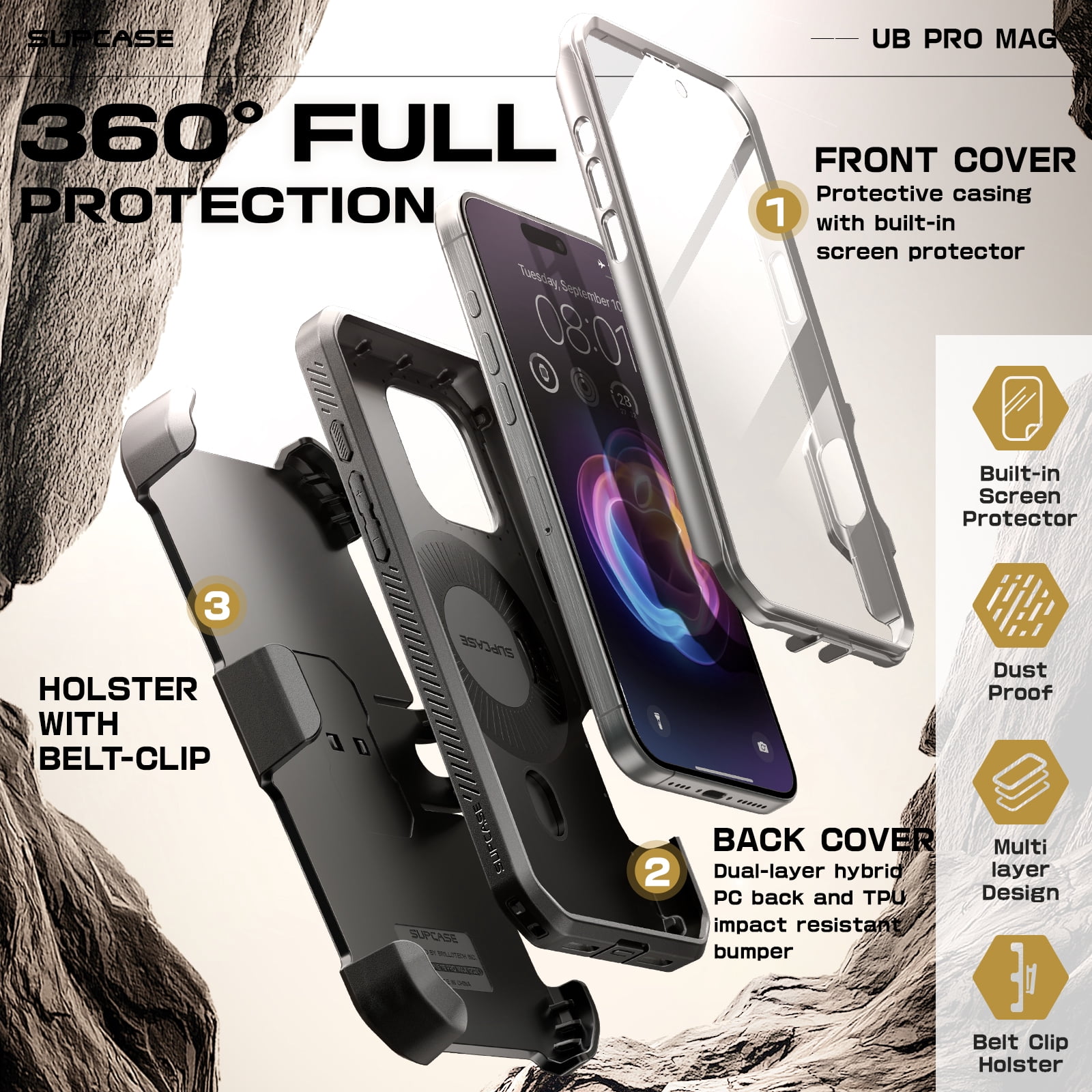 SUPCASE UBPro Mag for iPhone 16 Pro Max Case with Stand, [Support MagSafe] [Built-in Screen Protector & Belt Clip] [Military-Grade Protection] Magnetic Phone Case for iPhone 16 Pro Max, 6.9", Gray