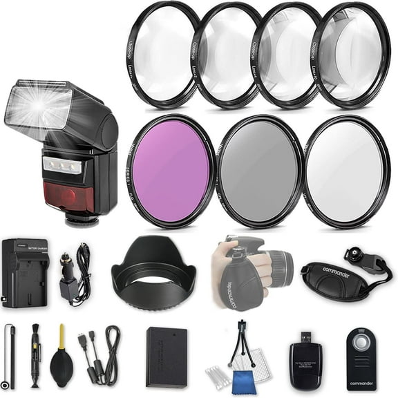 58mm 21 Pc Accessory Kit for Canon EOS Rebel SL2, 200D DSLR with LED-Flash, UV CPL FLD Filters, 4 Piece Macro Close-Up Set, Battery, and More