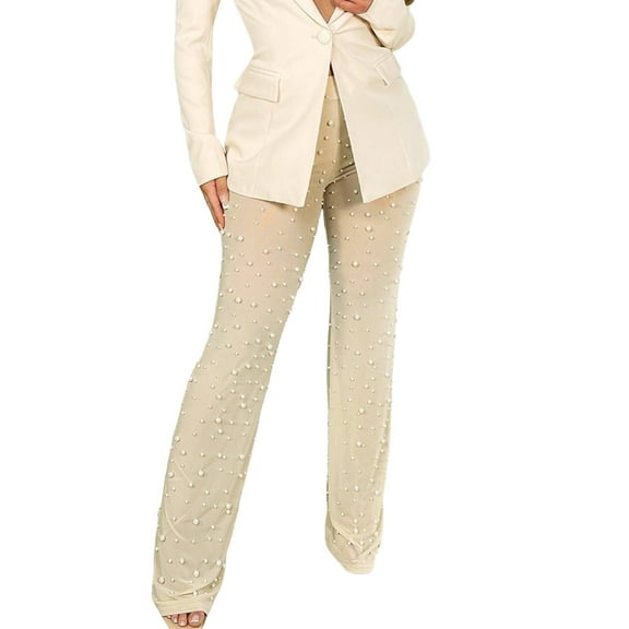 OSOLU Women Casual Solid Color Mesh Bead Wide Leg Bottom Pants With Bottom Pants Trousers Daily Relaxed Fit Breathable Active Athletic Casual Bottoms