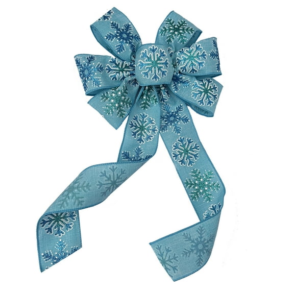 Blue Snowflakes Christmas Wreath Bow - 10" Wide, 18" Long Pre-Tied Bow, Glitter Snowflakes, Light Blue Ribbon, Gift Basket, Winter Decoration, Front Door Decor