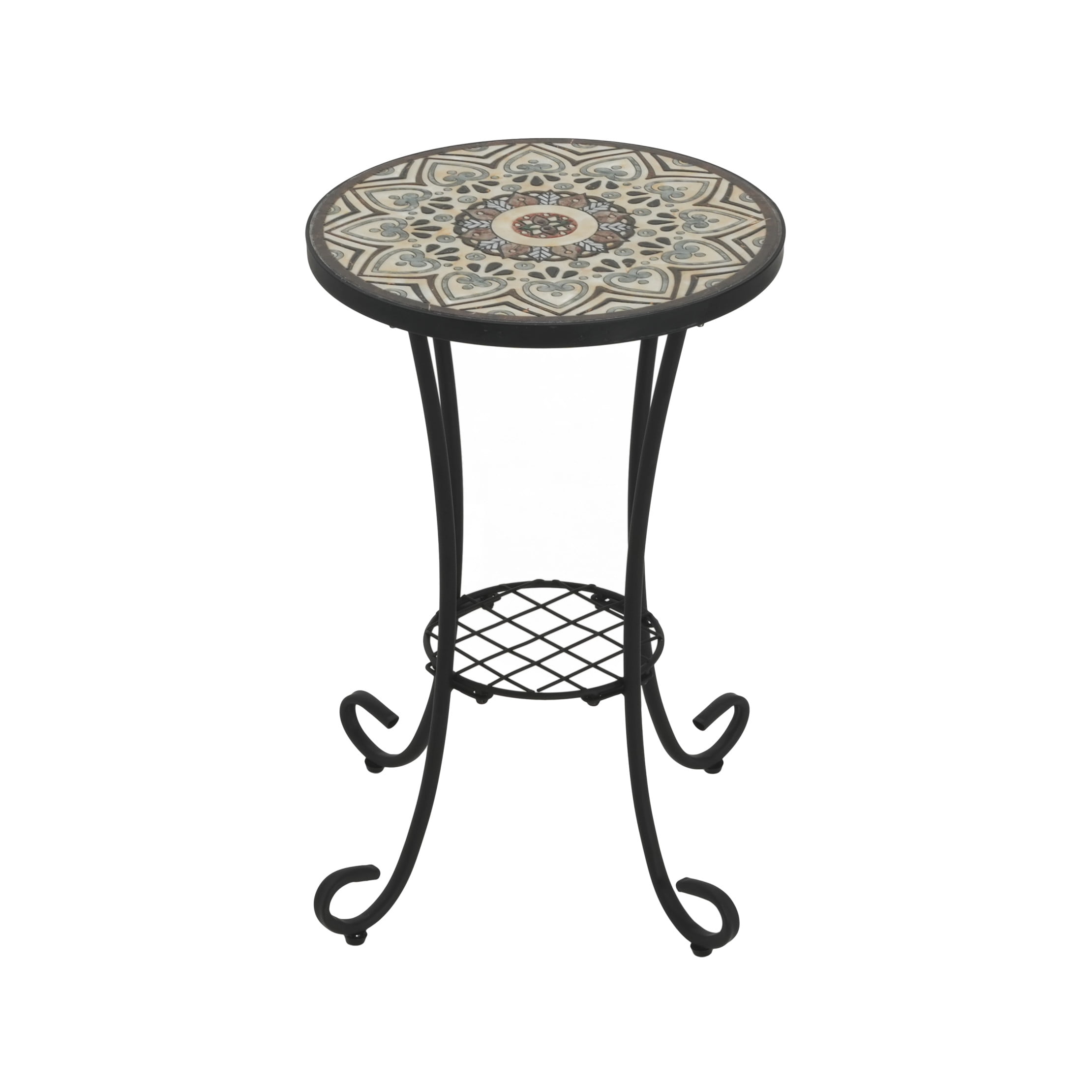 Trulisa Outdoor Patio Round Side Table with Shelf, Ceramic Tile, Iron, Black + Brown