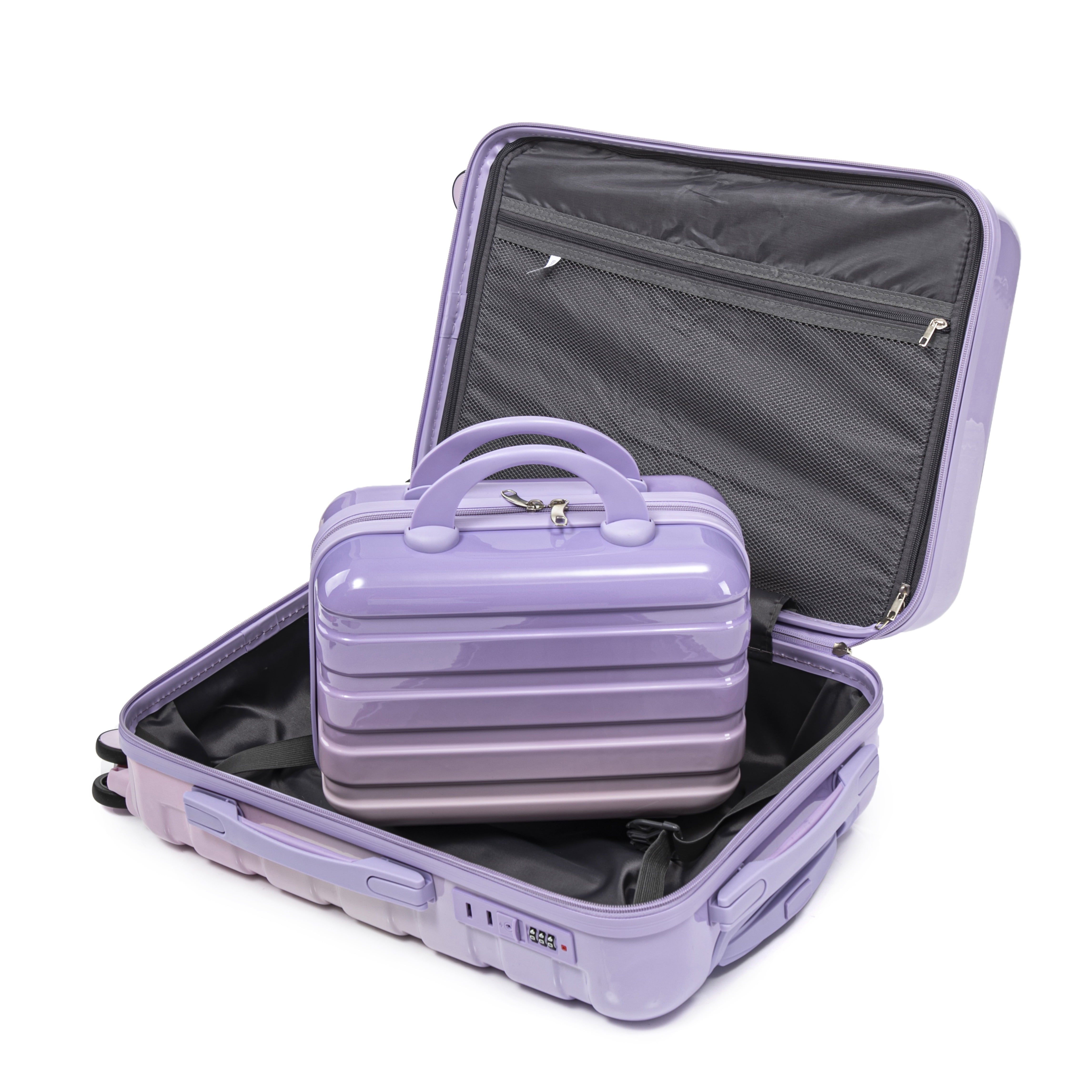 14"/20" 2 pcs/set in PC Spinner Wheel Luggage, Carry on Suitcase, With Gradient Color and Combination Lock(Pink+Purple)