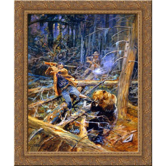 A Wounded Grizzly 24x20 Gold Ornate Wood Framed Canvas Art by Charles M. Russell