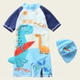 thumbnail image 2 of TOWED22 Toddler Boys Rash Guard Swimsuit Sea World Animal Print Zipper Short Sleeve Bathing Suit with Swim Cap for Kids Dark Blue,4-5 Y, 2 of 5