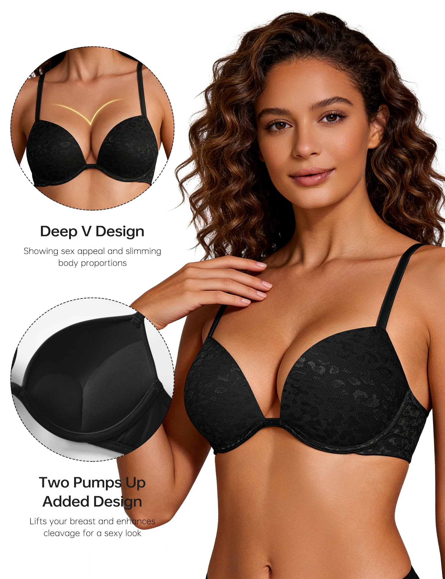 Wingslove Womens Push-up Bra Deep V Plunge Underwire T-Shirt Bra, Black Leopard 38DD