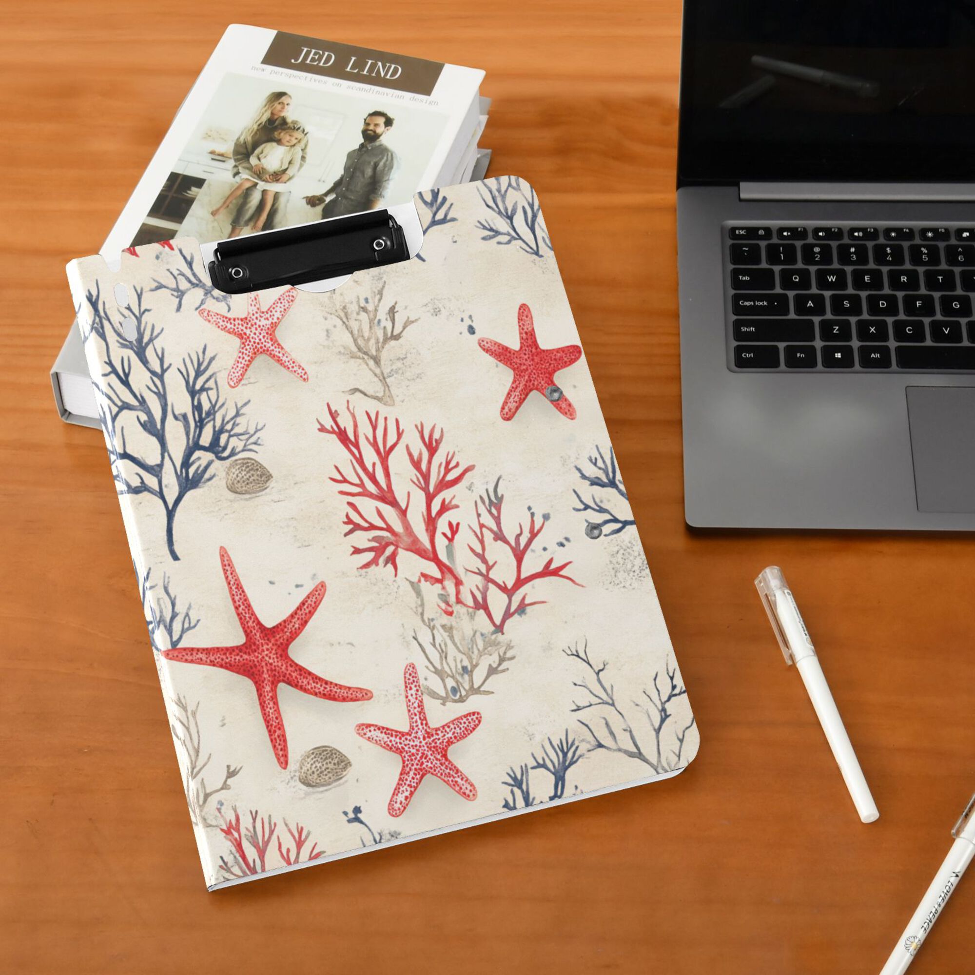 FORMRS A4 Clipboard Folder with Pen Holder Horizontal Foldable School Office Binder, Light Red Starfish