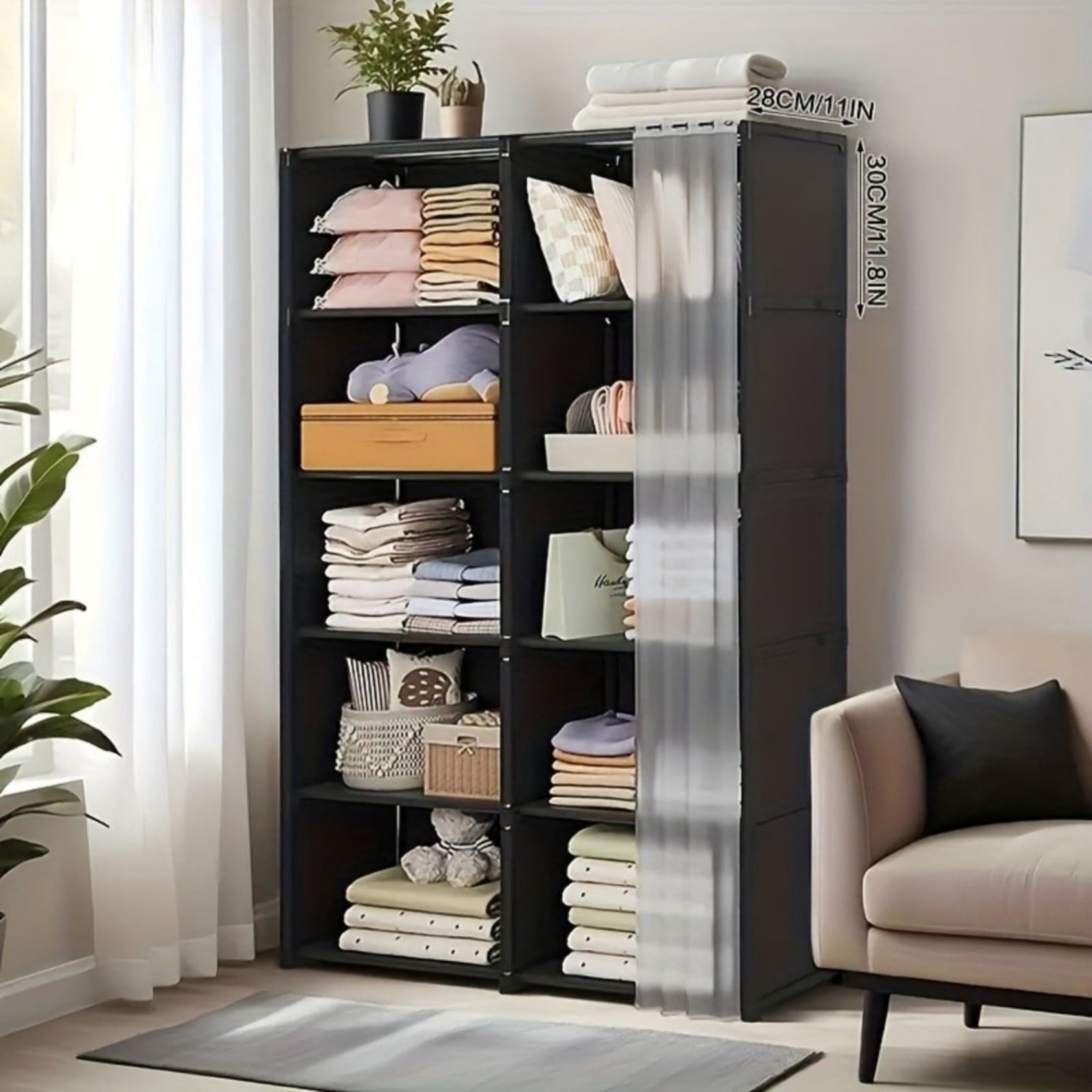 5 Tier Freestanding Bookcase with Curtain, 10 Grid Open Bookshelf Storage Organizer, Tall Display Shelf for Bedroom Living Room Office, Black