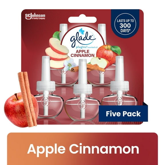 Glade PlugIns Scented Oil 5 Refills, Air Freshener, Apple Cinnamon, Essential Oil Infused Wall Plug In, 3.35 FL oz, Pack of 5