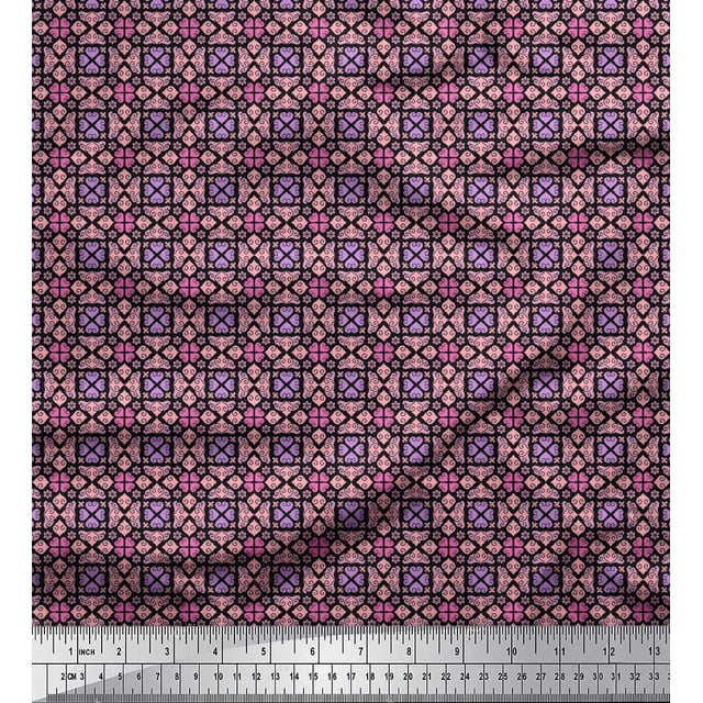 Soimoi Black polyester Crepe Fabric Filigree Damask Printed Fabric 1 Yard 42 Inch Wide