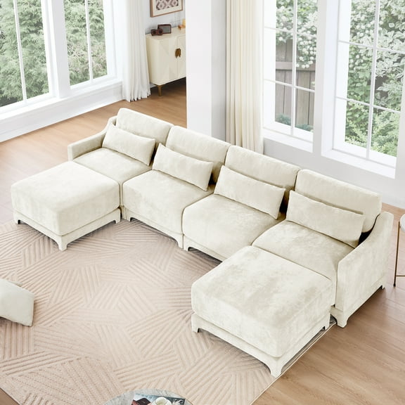 141.7" Modular Sectional Sofa, 4 Seat Modular Couch with 2 Movable Ottomans and Lumbar Pillow, U Shaped Chenille Fabric Sofa Convertible Sectional Couches for Living Room, Comfy Modular Sofa, Beige