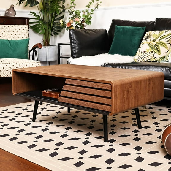 Mid Century Modern Coffee Table, Wood Rectangle Coffee Table with Storage, Living Room Center Table for Home, Apartment, Office (Walnut/Black)