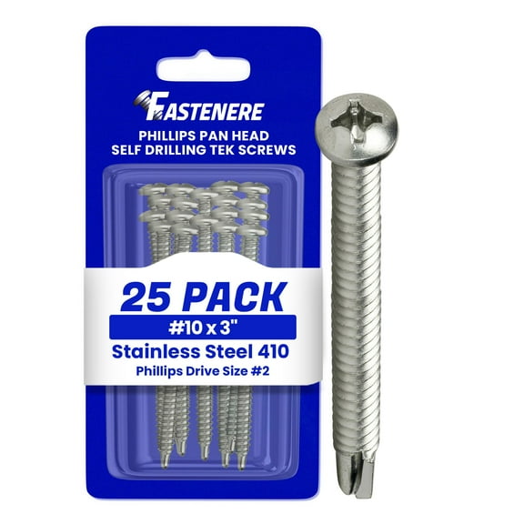 Fastenere Pan Head Self Drilling Tek Screws - #10 x 3" (25Pack) Stainless Steel 410, Full Thread, Bright Plain Finish, Corrosion-Resistant, Self-Drilling, Easy to Install w/ Phillips Drive Size #2