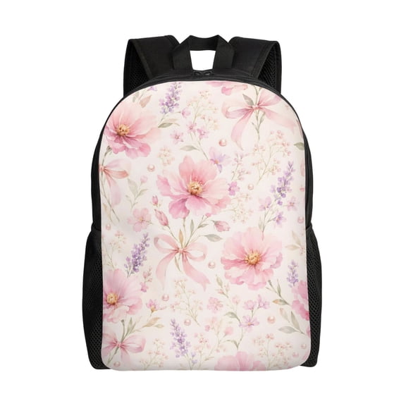 Pink Floral Bow Backpack Full Front Print Travel Laptop Bag for Men and Women