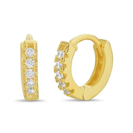 TwoBirch Round Prong Set CZ Diamond Simulant Small Hoop Earrings for Women 14k Yellow Gold Plated