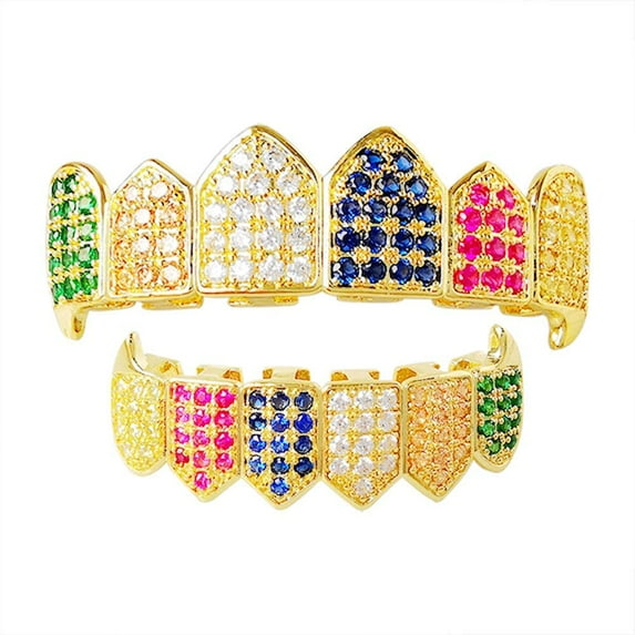 HH Bling Empire Iced Out Diamond Teeth Grillz for Men Women,Silver Gold Grills for Your Teeth Top and Bottom,Hip Hop Rapper Teeth Jewelry and Accessories (Rainbow)