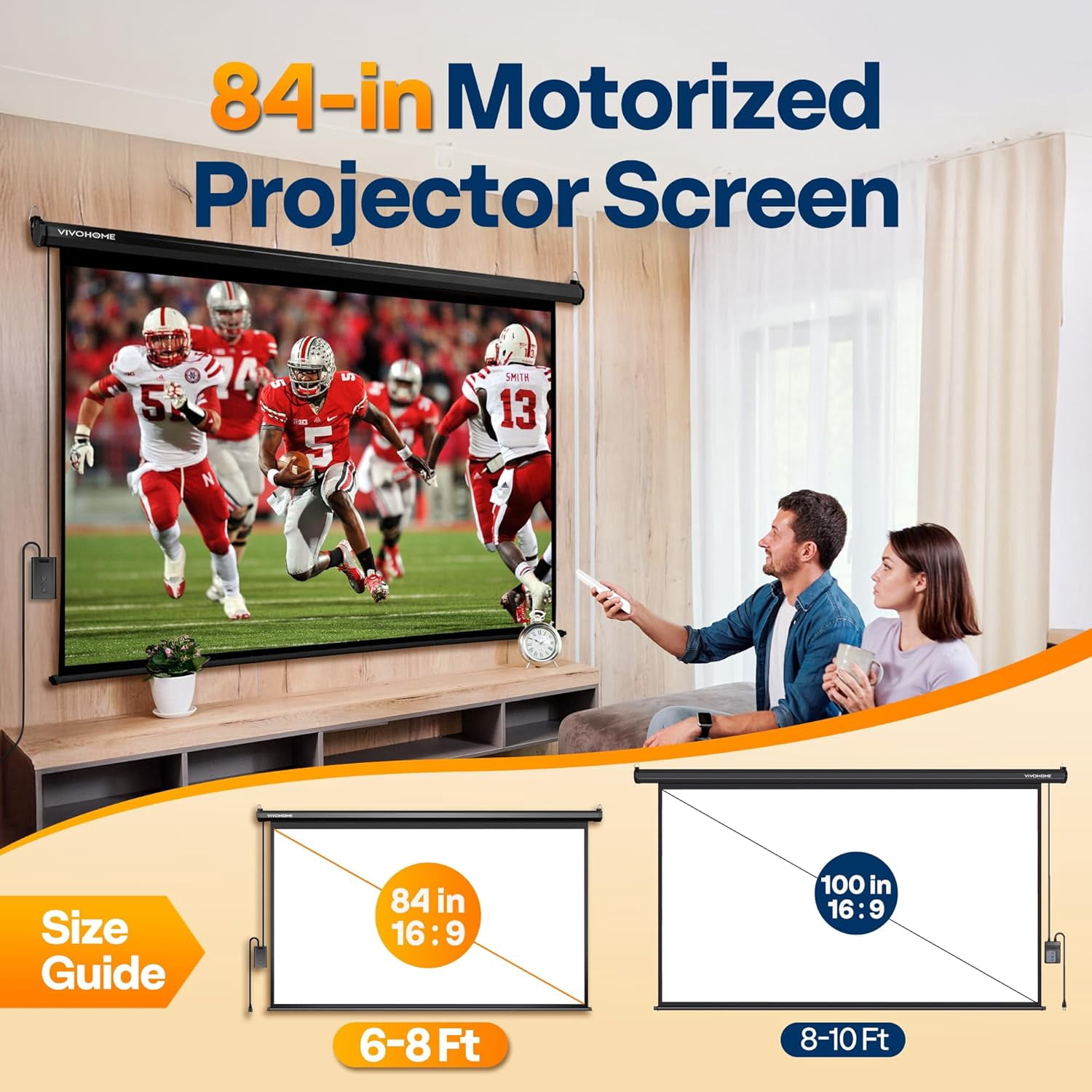 SPECSTAR Motorized Projector Screen with Remote, 16:9 84 Inch Auto Electric Projection Screen, HD 4K Movie Screen for Home Theater, Cinema, Office (73 x 41 Black)