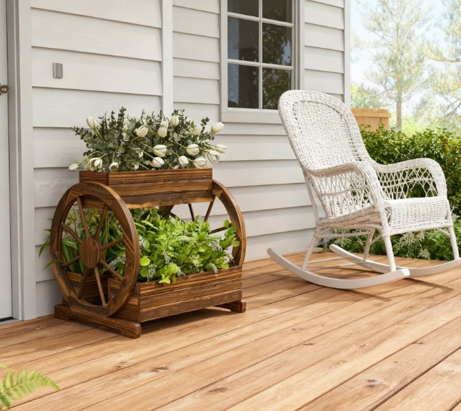 Outdoor Planter, Wooden Wagon Planter Box, 3-Tier Raised Garden Bed, for Vegetables Flowers Herbs