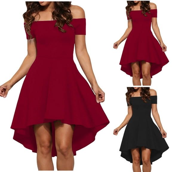 Elainilye Fashion Dresses for Women Party Loose Off-The-Shoulder Solid Short Sleeve Loose Casual Long Dress Prom Dress,Red