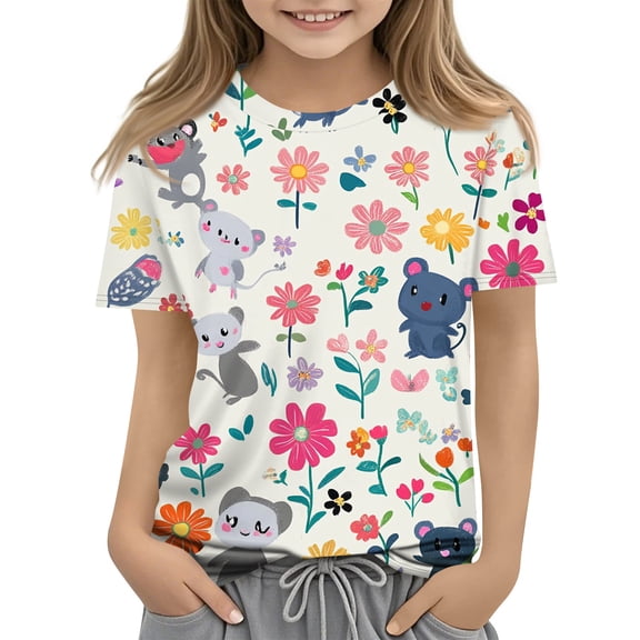 CCRFTGI Cute Shirts for Children Girls Size 7-8 Clothes for Teen Girls Short Sleeve Novelty Animal Floral Print Tops Dressy Casual Round Neck Tunic Tops White 9-10 Years