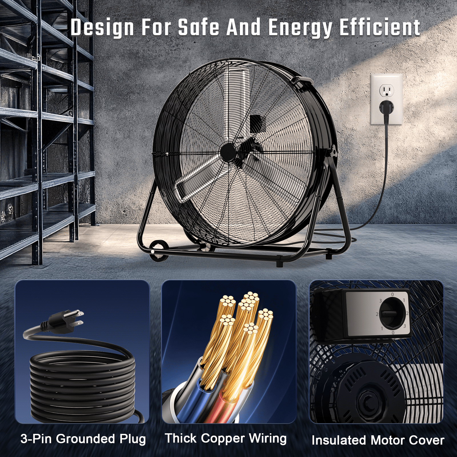 Rocyis 30 Inch Industrial High Velocity Drum Fan - 3 Speed 13000 CFM Air Circulation High Velocity Fan for Factory, Warehouse, and Commercial (Black)