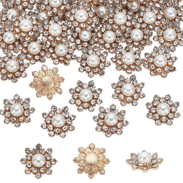 40Pcs Alloy Buckles with Imitation Pearl & Glass Snowflake Golden 16x16x7mm