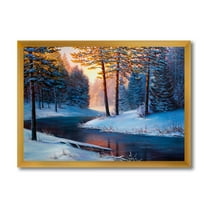 Designart 'Morning Glow Through The Christmas Forest By The River' Lake House Framed Art Print