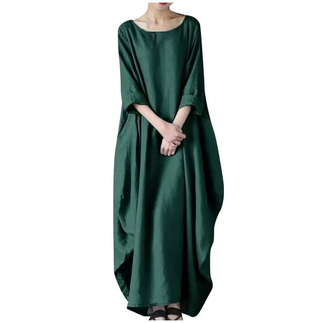 Cameland Robe d'Été Décontractée pour Femme en Coton et Lin, Ample, à Manches Courtes, Col Rond, Unie