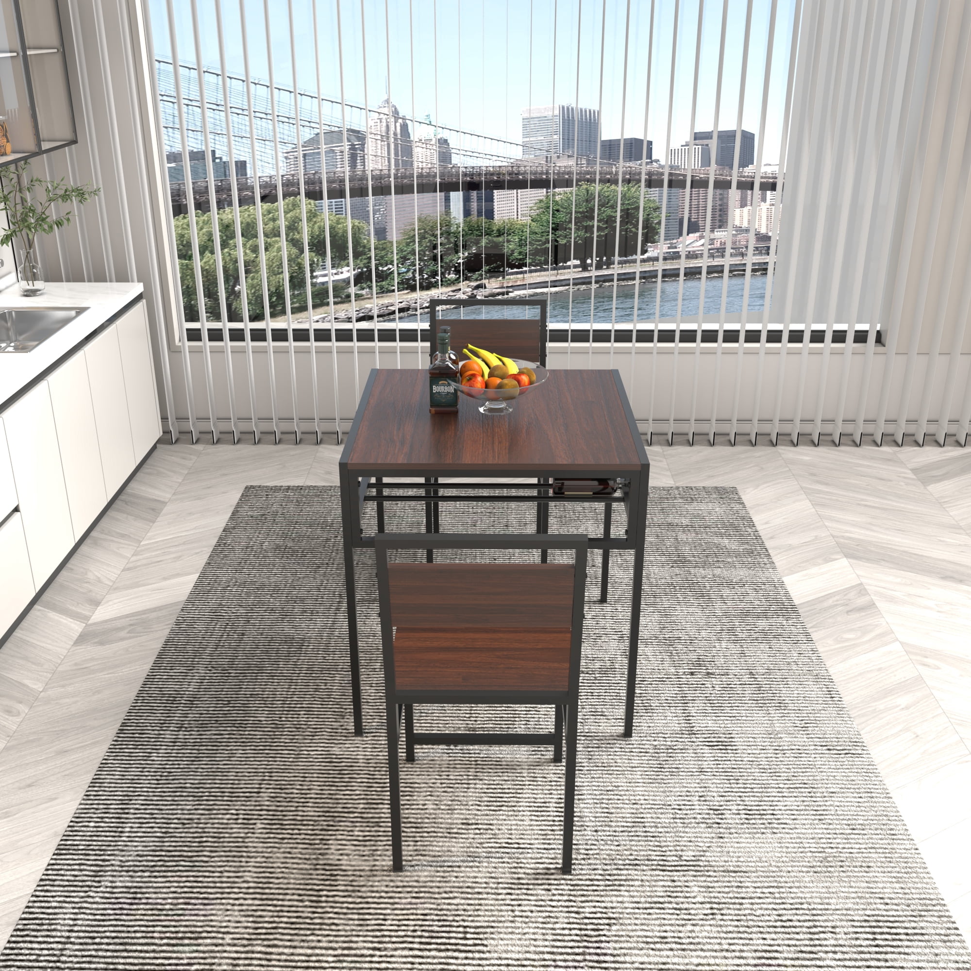 Industrial Dining Table Set with 2 Chairs, Small Square Kitchen Table with Storage Rack for Small Space Apartment