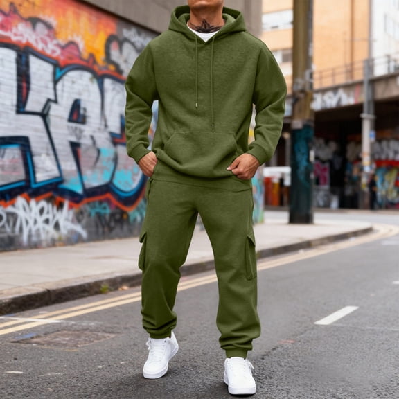 Dwelliawo Sweat Suits for Men 2 Piece Hoodie and Sweatpants Solid Color Relaxed Fit Hoodie Cargo Pants Running Pants Set Casual Winter Suit with Pockets Army Green 3XL