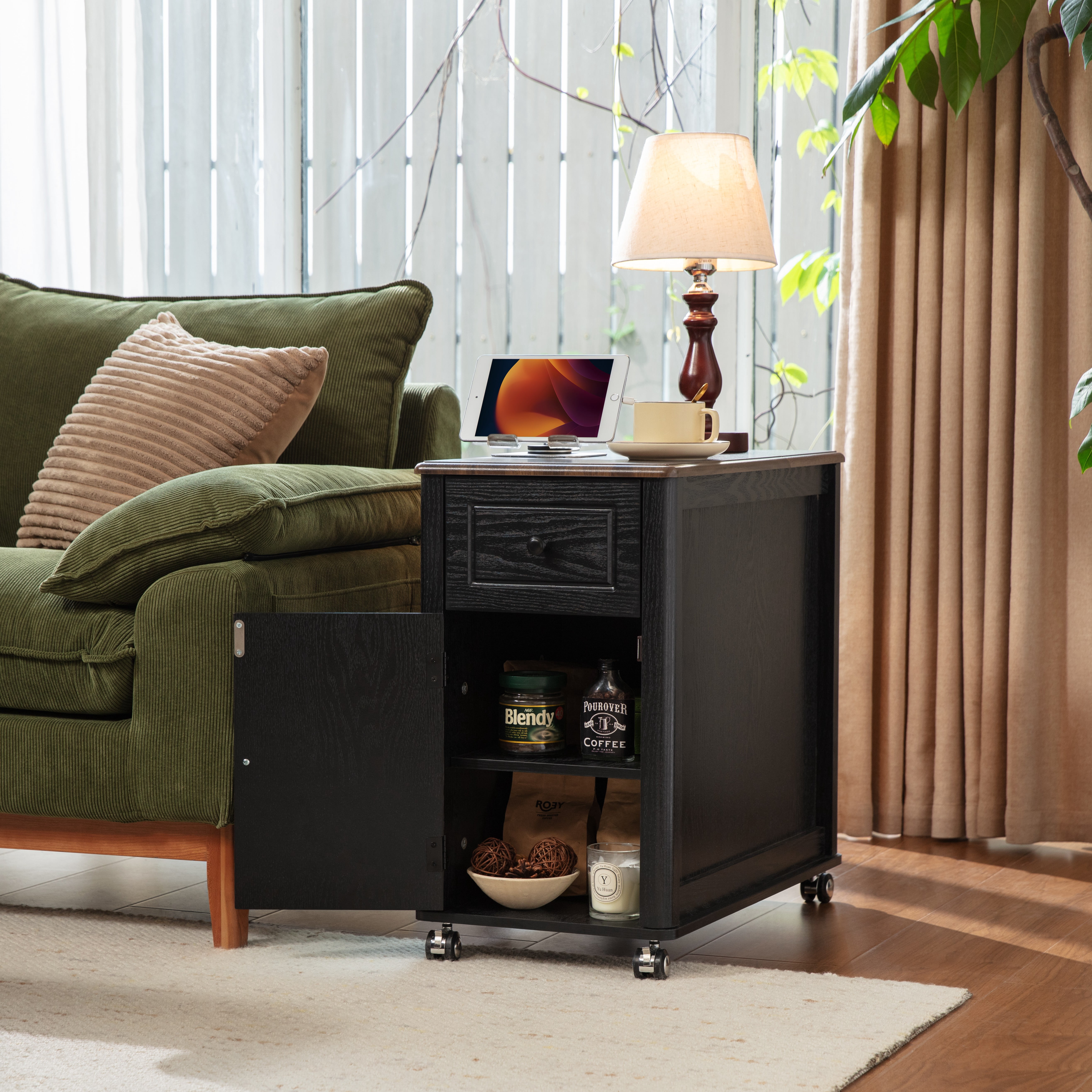 CHIC HOUSE End Tables for Living Room with Charging Station Wheels, Farmhouse Nightstand for Bedroom with Drawer Storage, Wheeled Narrow Side Tables Accent Tables Small Tables for Small Space, Black