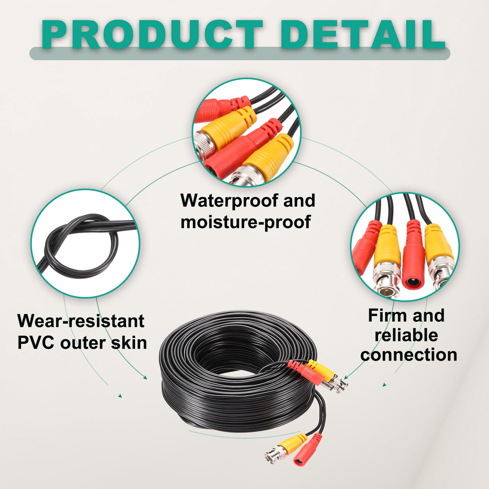 BNC Video Power Cable,20m/66ft All-in-One Security Camera Wire,1 Set Black