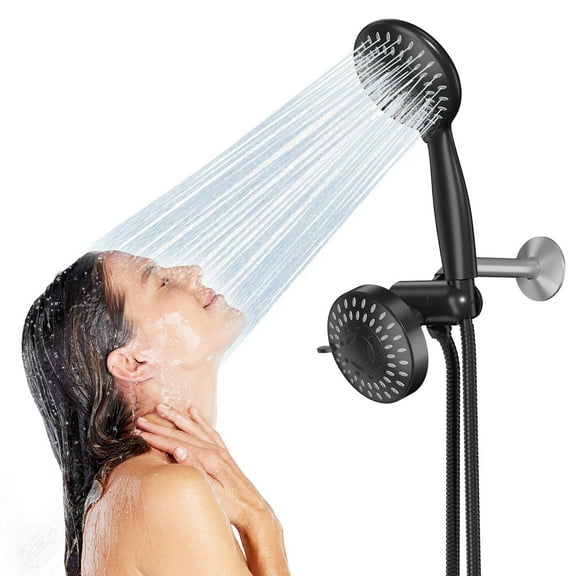 Cshidworld Premium High Pressure Dual Shower Head, 3-Way Rainfall Combo, 5 Spray Handheld Shower Head and 5 Spray Rain Showerhead with 60” Stainless Steel Hose Separately or Together, Matte Black