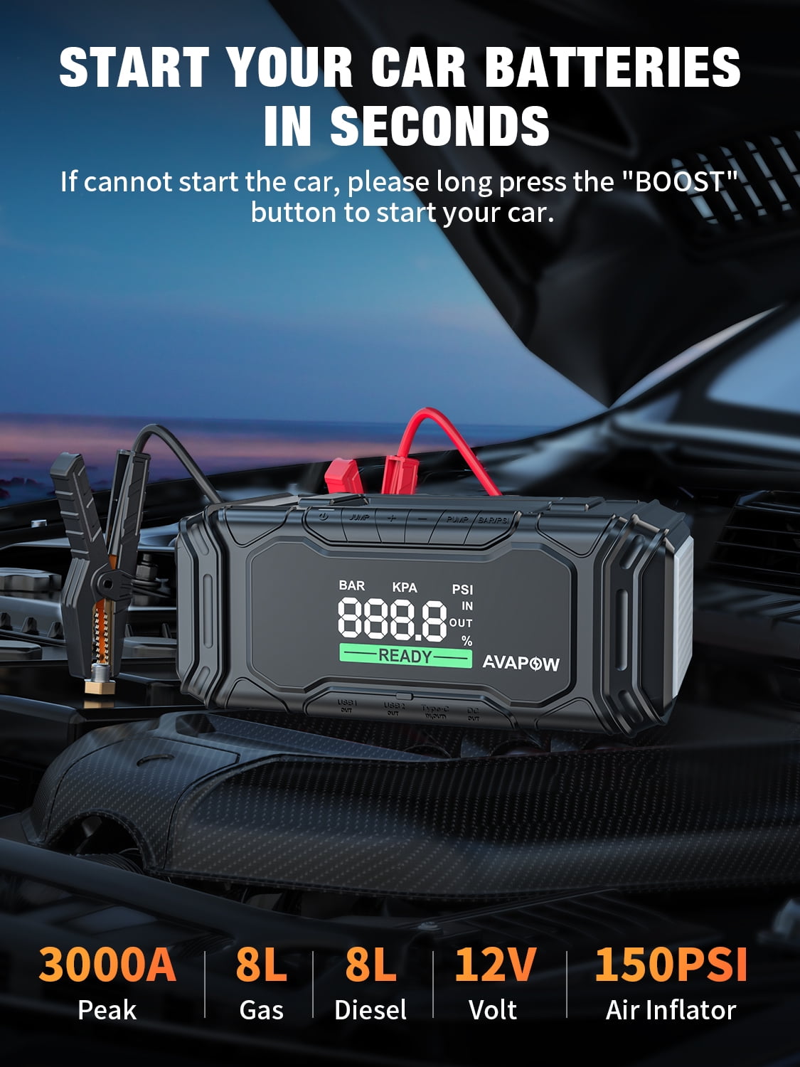 AVA POW 3000A Jump Starter with Air Compressor, 12V Car Battery Jump Starter（9.0 Gas/6.5L Diesel）with Force Start Function, 160 PSI Car Battery Charger Booster  with 60W Fast Charging
