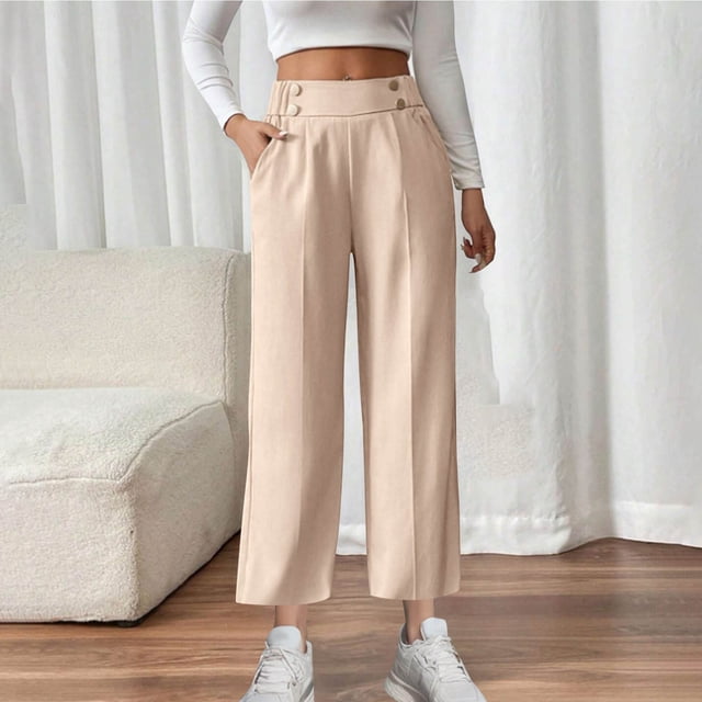 Women High Waisted Elastic Pants, Solid Color Casual Workwear, Stretchy Comfortable Fabric, Slim Fit Design, For Office Daily Use, Versatile Styling, Soft Cotton Blend, Long Length, 9-12 Months,