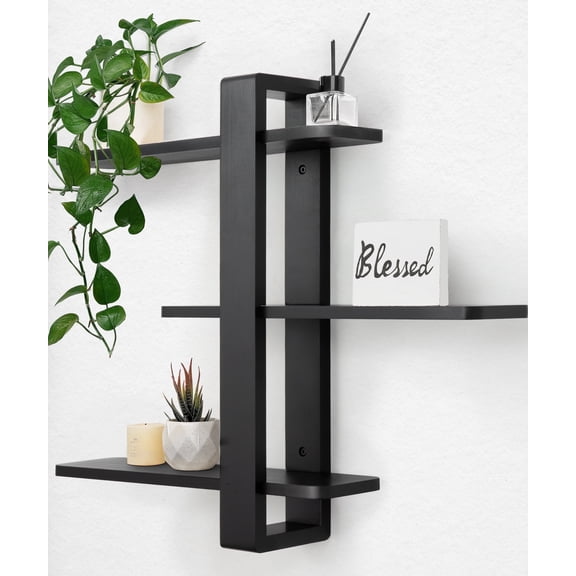 Gronda Black Floating Shelves for Wall Mounted, 3 Tier Pine Wood Shelf for Living Room Bathroom Bedroom Home Decoration Storage, Modern 20in