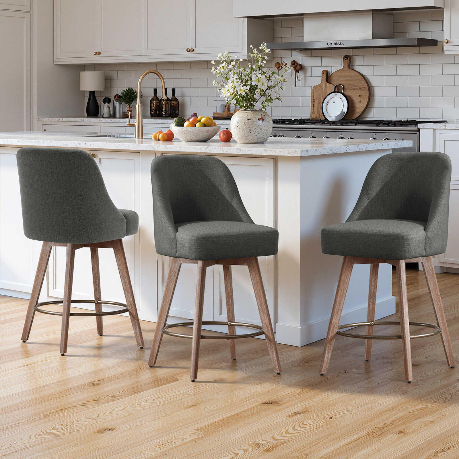WOOW DEPOT 26" Swivel Bar Stools Large Seat Set of 2, Upholstered Linen Fabric w/ Mid-Back Wood Legs, Modern Armless Island Counter Barstools Kitchen Pub Chair, Gray