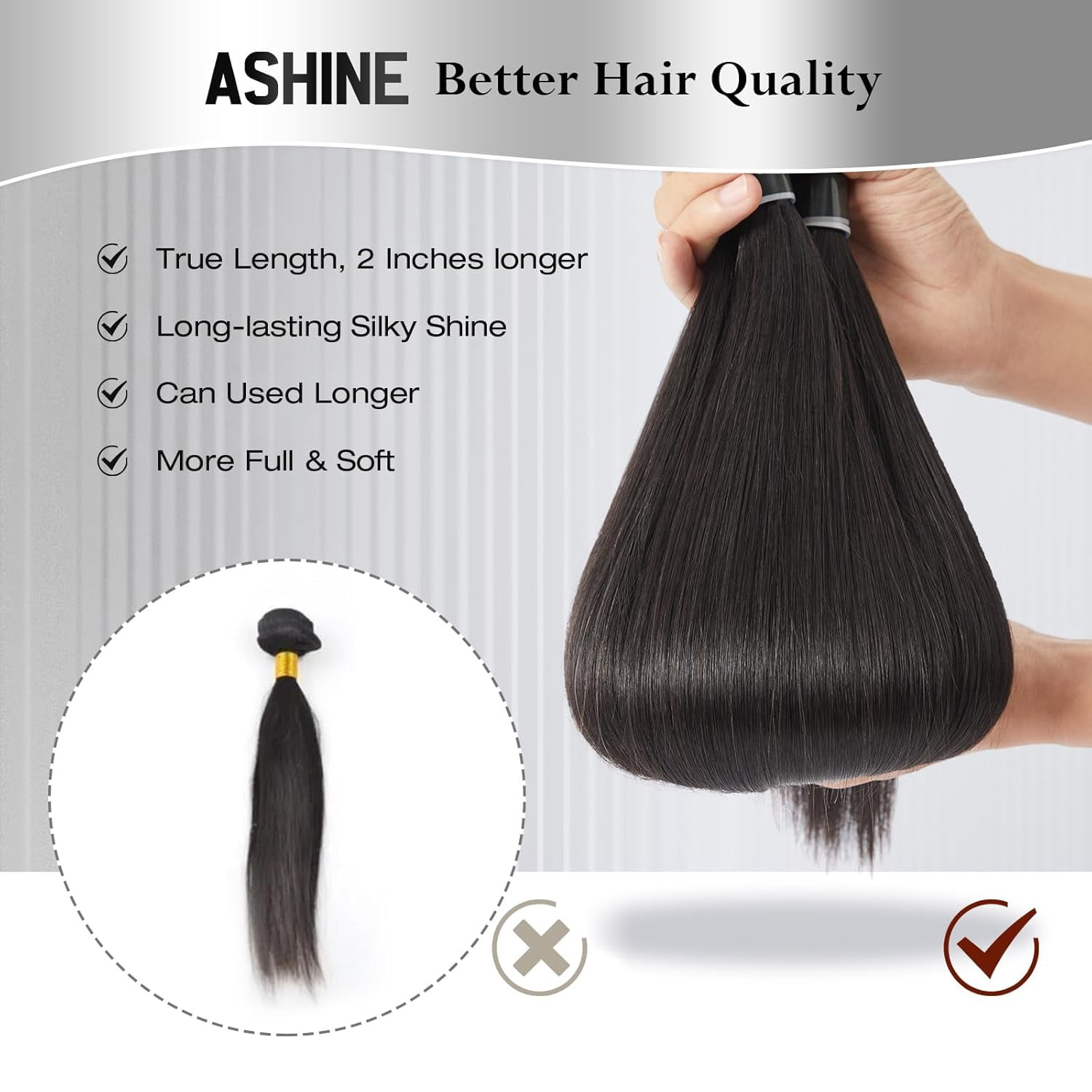 ASHINE 14 16 18 inch Raw Human Hair Bundles Straight Unprocessed for Women Natural Black 3 pcs Bundles