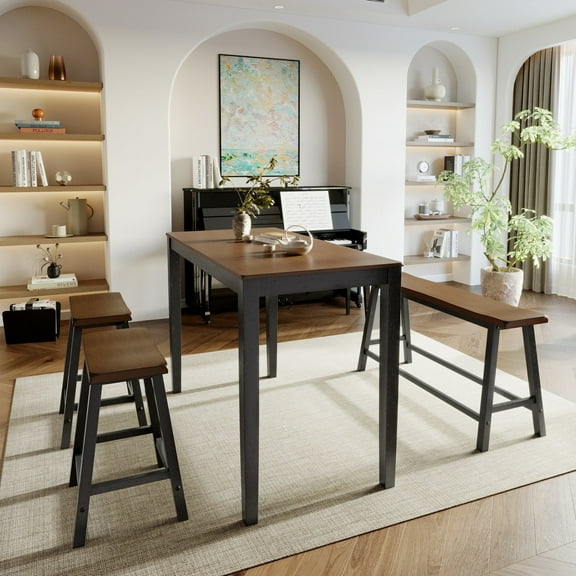 Alpha Joy 4 Pieces Dining Table Set for 4 Space-Saving Wood Kitchen Counter Height Bar Table, 2 Stools and Bench- Black Walnut