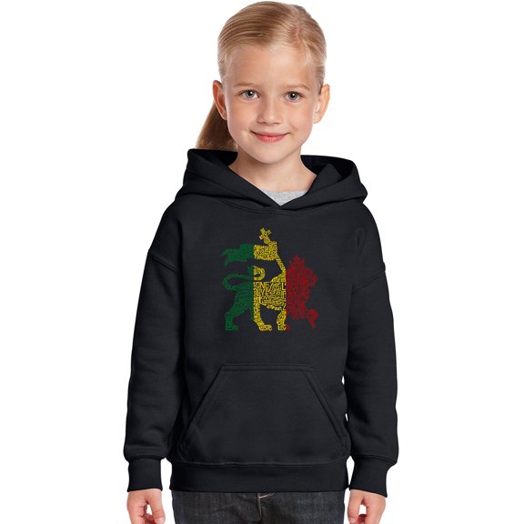 LA Pop Art Girl's Word Art Hooded Sweatshirt - Rasta Lion - One Love